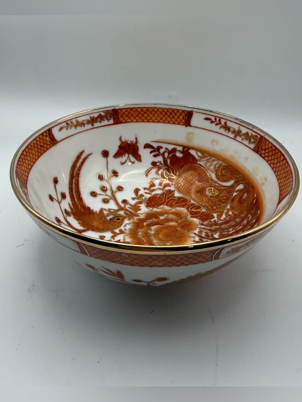 ACF Japanese Phoenix Porcelain Ware 6” Bowl Dish Decorated Hong Kong Orange Rust